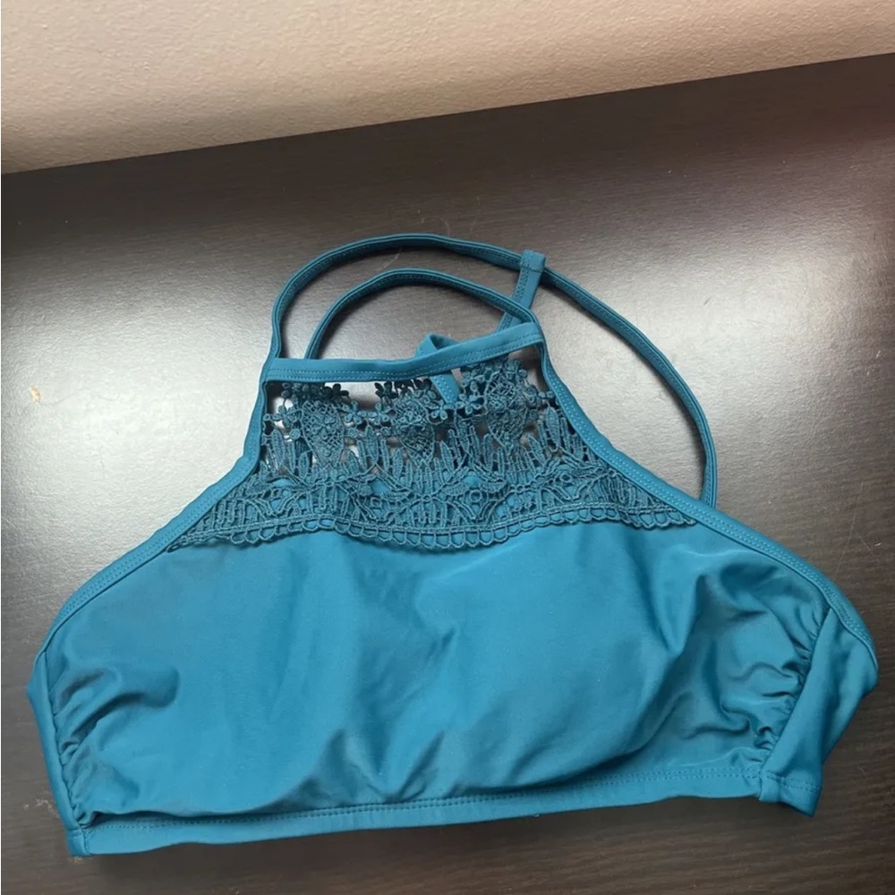 Women's Swim Top High Neck Xhilaration Sz D DD Hunter Green Crochet Bikini